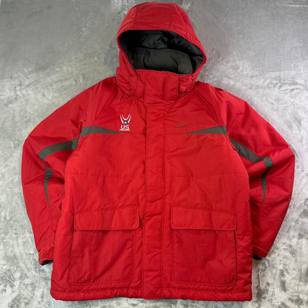 NWT Vintage 00s Nike Team USA Olympic Winter Jacket Red Hooded Coat Mens Large